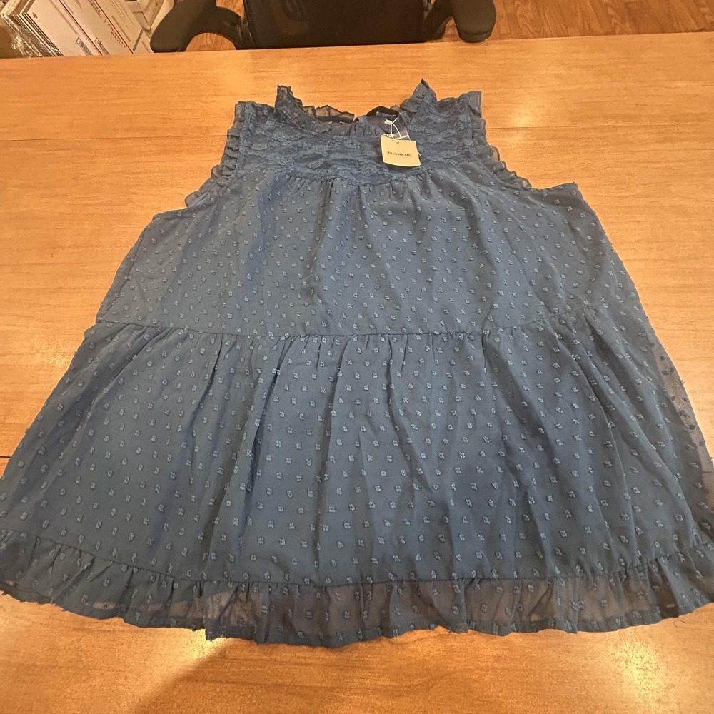 Bloomchic Blouse Womens 18-20 Blue Swiss Dot Lace Ruffle Sleeveless Lined Swing